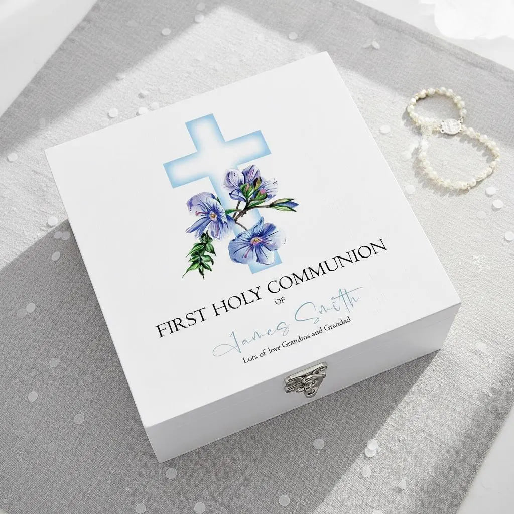 Personalised First Holy Communion Wooden Keepsake Memory Box Blue Cross ukgiftstoreonline
