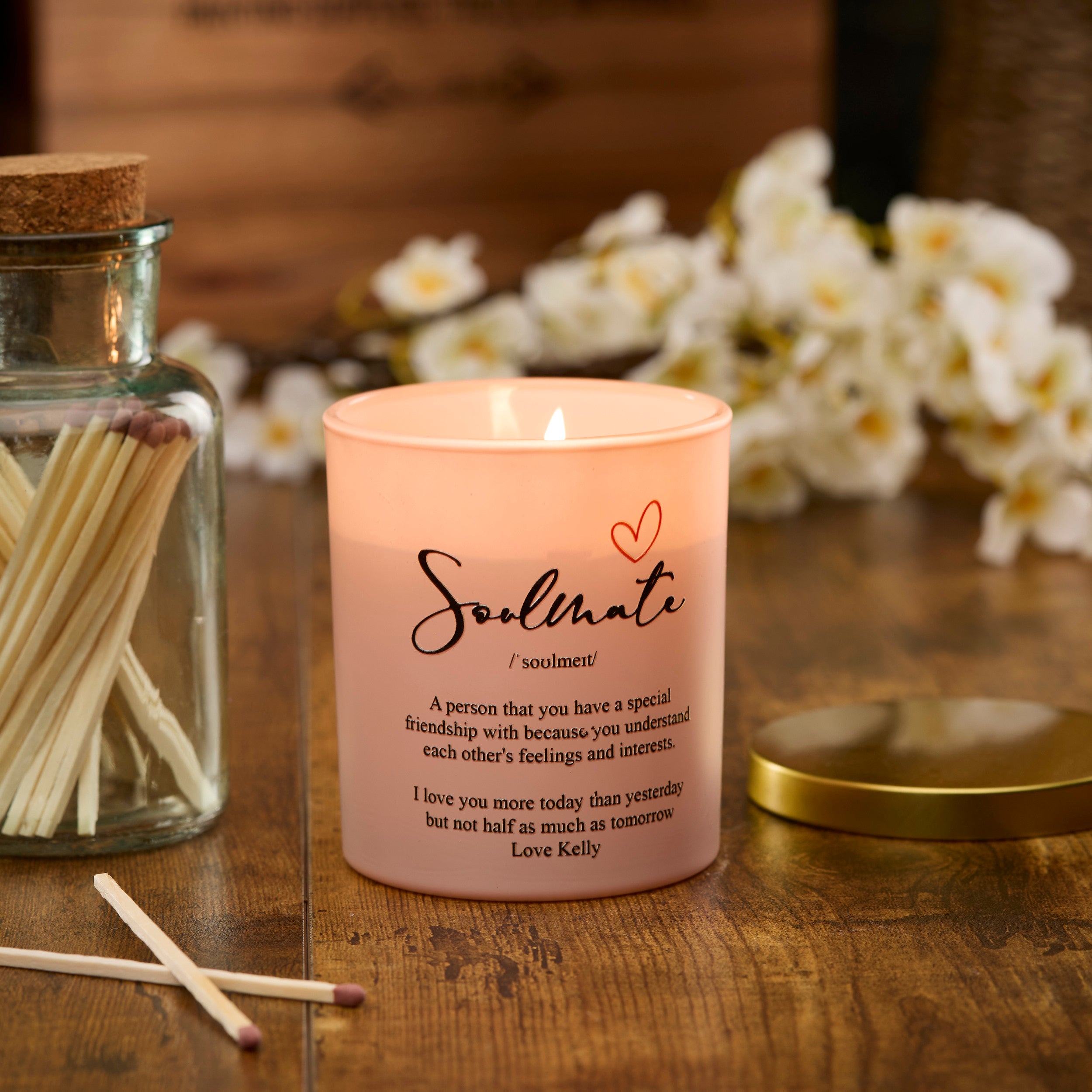 Beautiful Pink Personalised Soulmate Sentiment Jar Candle Gift For Her personalised Candle Lights ukgiftstoreonline