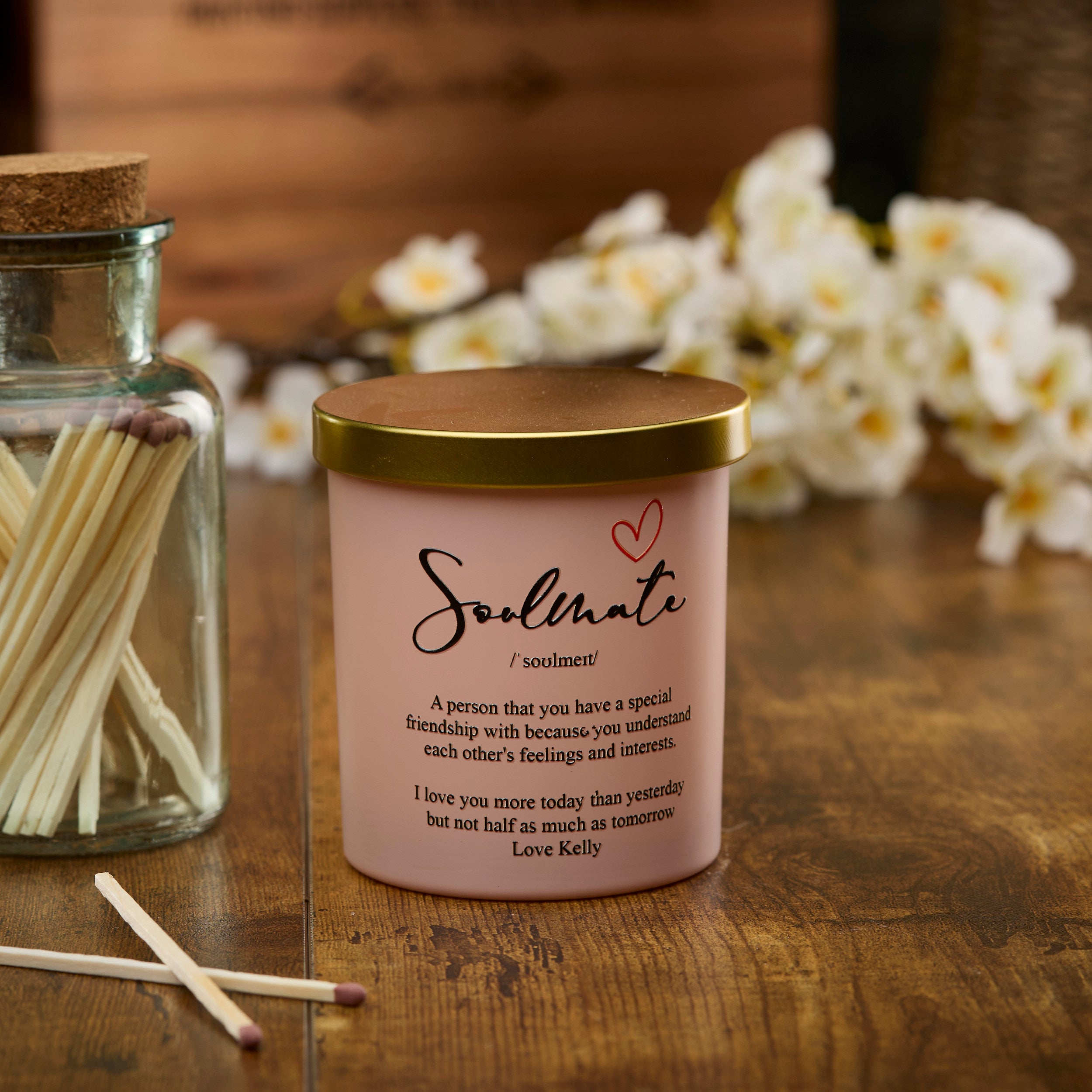Beautiful Pink Personalised Soulmate Sentiment Jar Candle Gift For Her personalised Candle Lights ukgiftstoreonline
