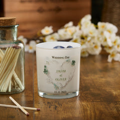 Personalised Wedding Day Candle Gift With Green Floral Heart Tea Light Holder ukgiftstoreonline