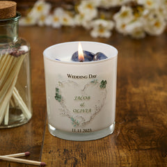 Personalised Wedding Day Candle Gift With Green Floral Heart Tea Light Holder ukgiftstoreonline