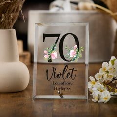 Personalised 70th Birthday Floral Keepsake Gift Glass Plaque Gift