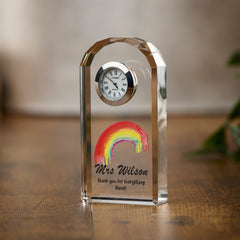 Personalised Teacher Crystal Glass Clock Gift With Painted Rainbow