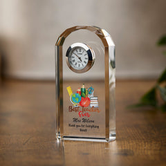 Personalised Teacher Crystal Glass Clock Gift With Stationary