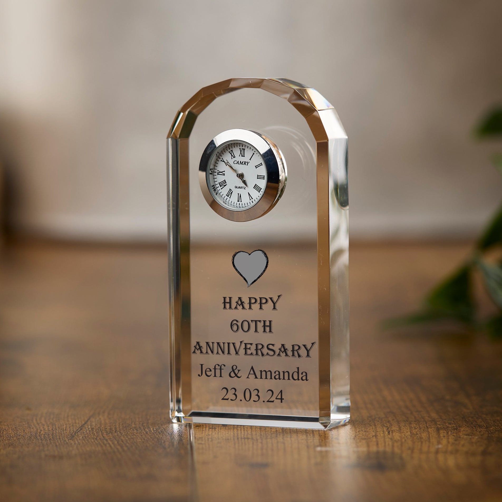 Personalised 60th Wedding Anniversary Crystal Glass Clock Gift Personalised Crystal Glass ukgiftstoreonline