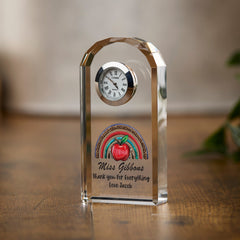 Personalised Teacher Crystal Glass Clock Gift With Apple and Rainbow