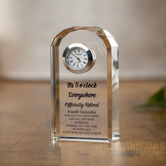 Personalised Retirement Gift Crystal Glass Clock Its 5 o'clock Everywhere
