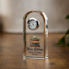 Personalised Teacher Crystal Glass Clock Gift With Floral Books