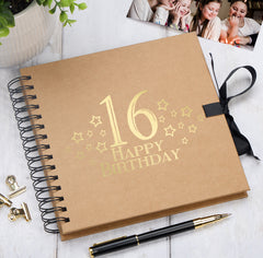 16th Birthday Brown Scrapbook, Guest Book Or Photo Album with Gold Script