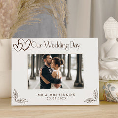 Personalised Wooden Engraved White Photo Frames Wedding Any Message With Hearts