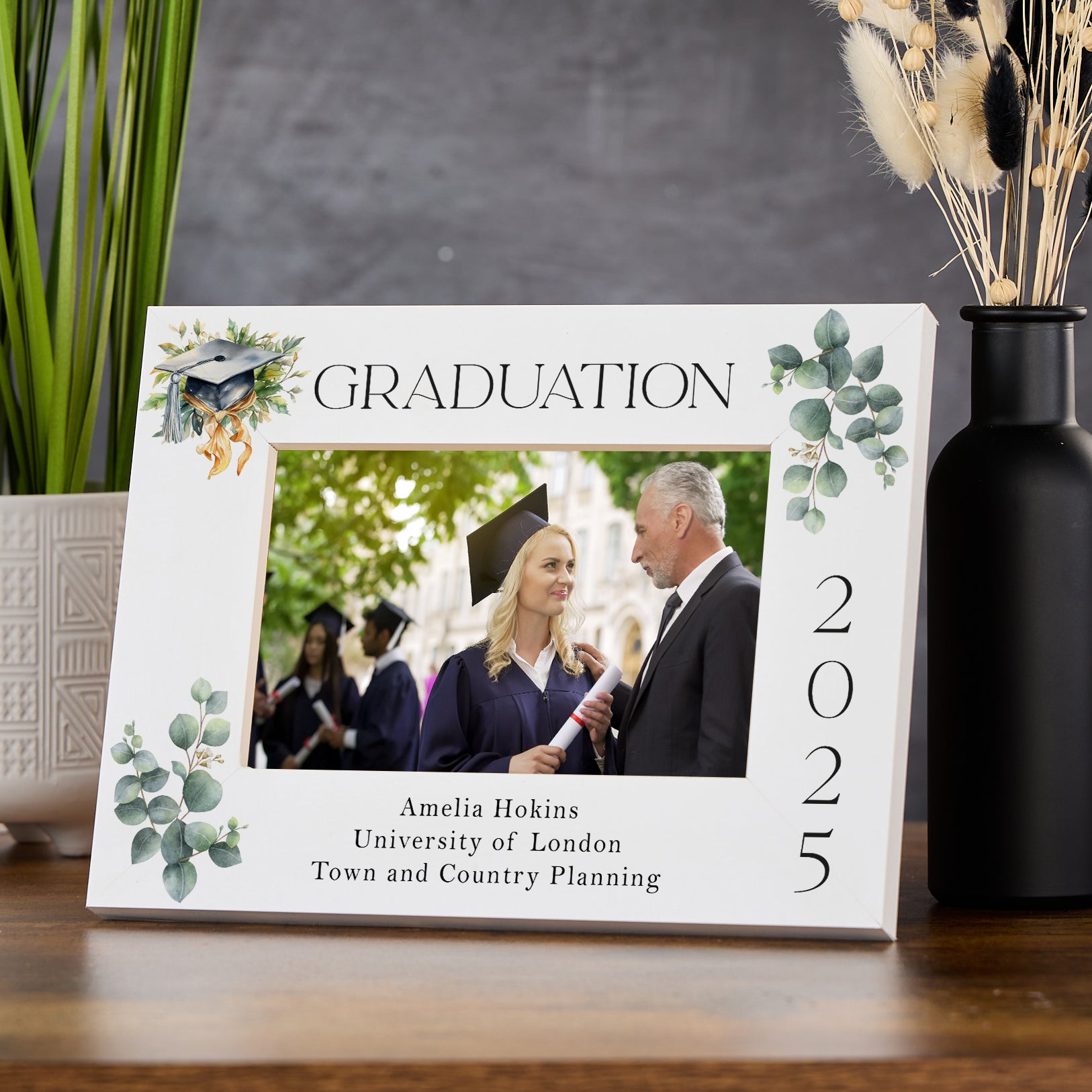 Personalised Graduation White Wooden Photo Frame With Green Elements Photo Frame ukgiftstoreonline Landscape