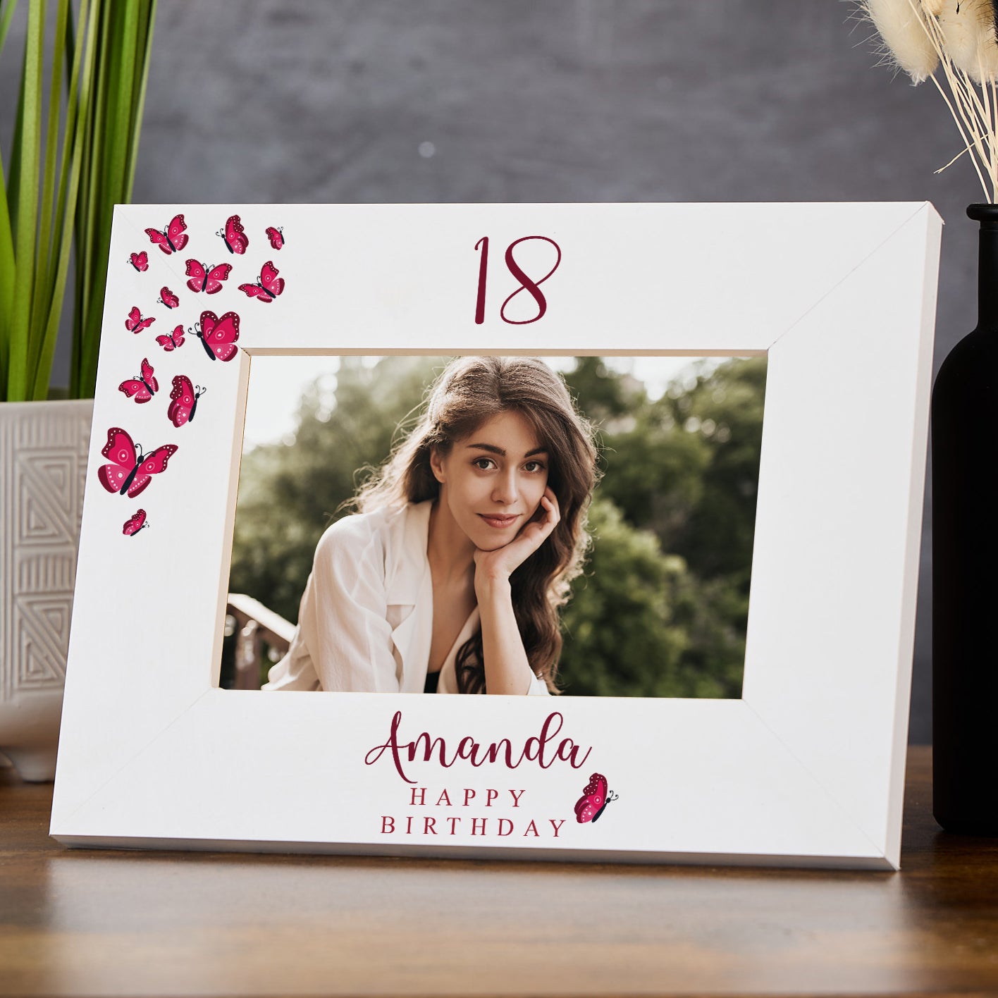 Personalised Any age Birthday White Photo Frame Gift With Butterflies 16th, 18th, 21st, 30th, 40th, 50th, 60th, 70th, 80th Photo Frame ukgiftstoreonline Landscape