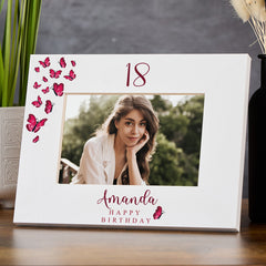 Personalised Any age Birthday White Photo Frame Gift With Butterflies 16th, 18th, 21st, 30th, 40th, 50th, 60th, 70th, 80th Photo Frame ukgiftstoreonline Landscape