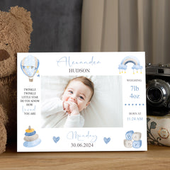 Personalised Baby Boy Photo Frame With Birth Details and Cute Watercolour Design