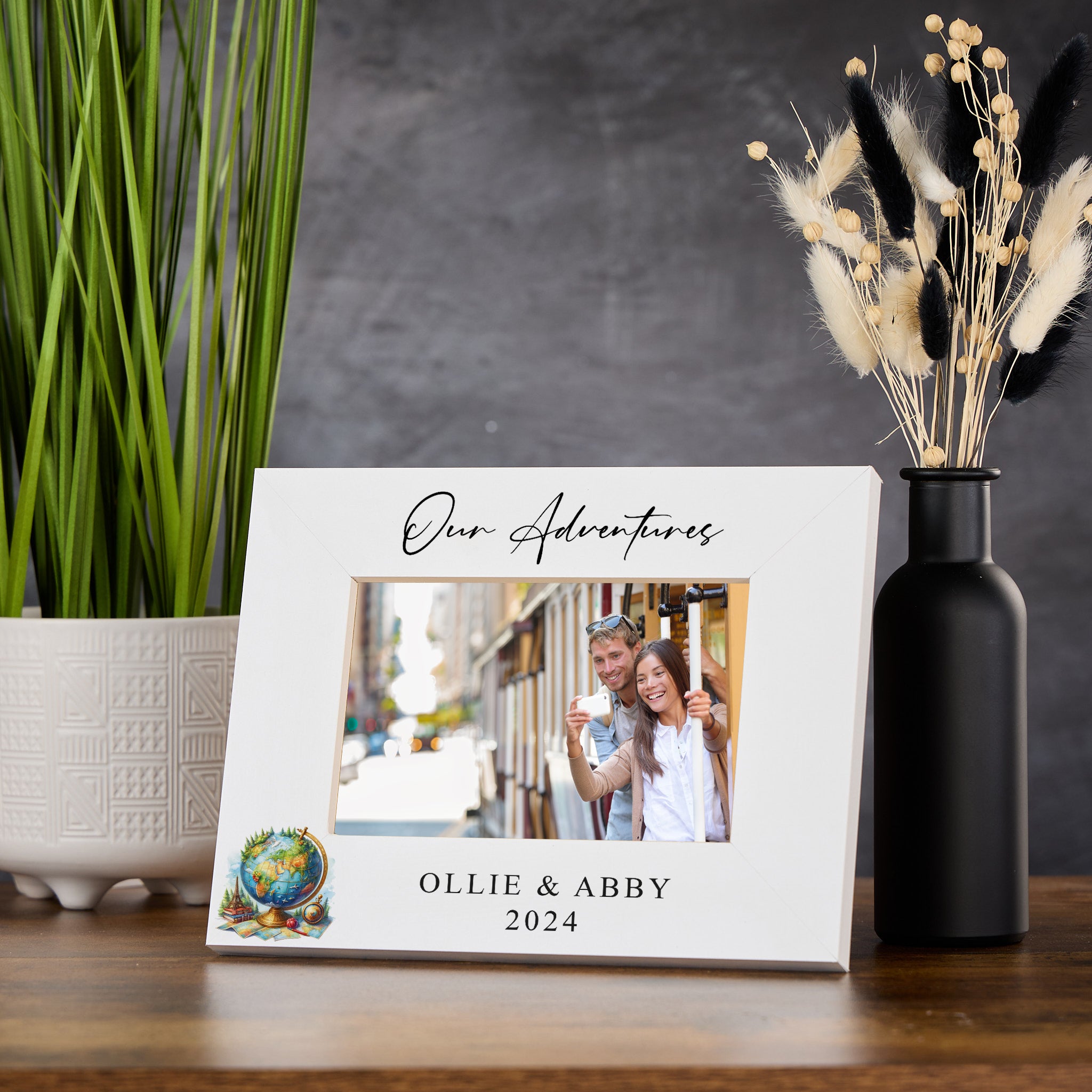 Personalised Our Adventures White Photo Frame With Globe and Books Photo Frame ukgiftstoreonline Landscape