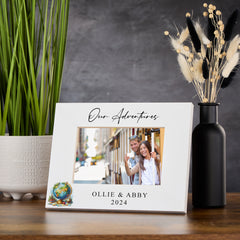 Personalised Our Adventures White Photo Frame With Globe and Books Photo Frame ukgiftstoreonline Landscape