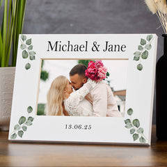 Personalised Wooden White Photo Frame with Custom Wording, Wedding, Anniversary, Birthday any occasion Gift With Leaves