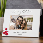 Personalised Wooden White Photo Frame with Custom Wording, Wedding, Anniversary, Birthday any occasion Gift With Love Hearts