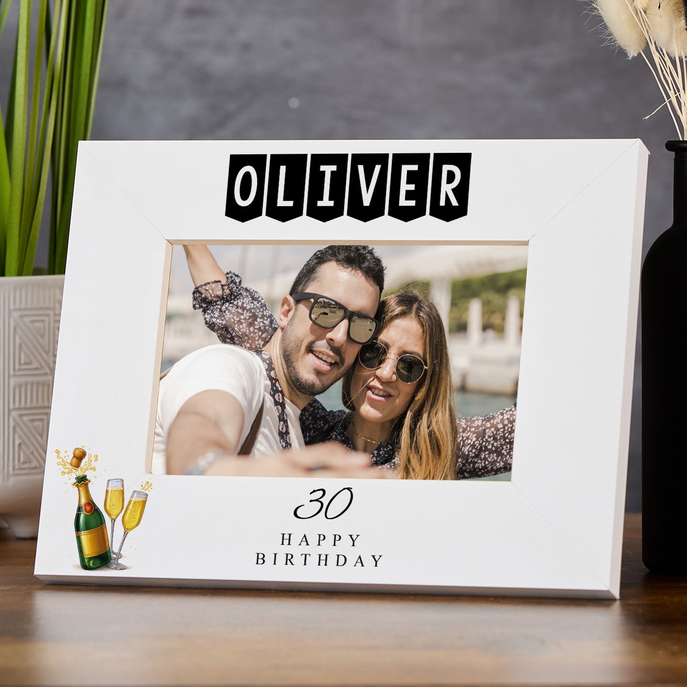 Personalised Any age Birthday White Photo Frame Gift With Champagne Bottle 16th, 18th, 21st, 30th, 40th, 50th, 60th, 70th, 80th Photo Frame ukgiftstoreonline Landscape