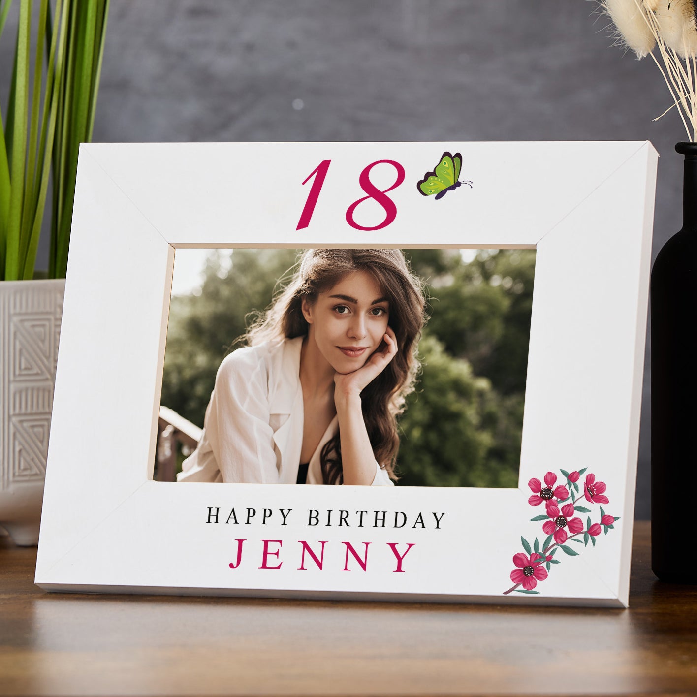Personalised Any age Birthday White Photo Frame Gift With Flowers 16th, 18th, 21st, 30th, 40th, 50th, 60th, 70th, 80th Photo Frame ukgiftstoreonline Landscape