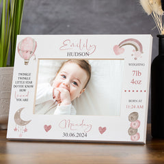 Personalised Baby Girl Photo Frame With Birth Details and Cute Watercolour Design