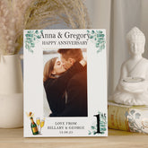 Personalised 1st Anniversary Wooden White Photo Frame Gift With Leaves and Champagne
