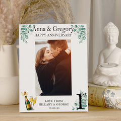 Personalised 1st Anniversary Wooden White Photo Frame Gift With Leaves and Champagne