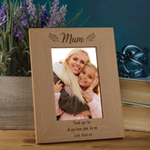 Personalised Wooden Mum Photo Frames Engraved Any Message Multiple Sizes With Leaves