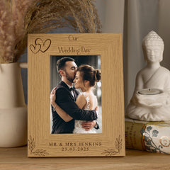 Personalised Wooden Engraved Photo Frames Wedding Any Message Multiple Sizes With Hearts