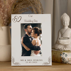Personalised Wooden Engraved White Photo Frames Wedding Any Message With Hearts