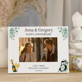 Personalised 5th Anniversary Wooden White Photo Frame Gift With Leaves and Champagne