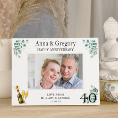 Personalised 40th Anniversary Wooden White Photo Frame Gift With Leaves and Champagne