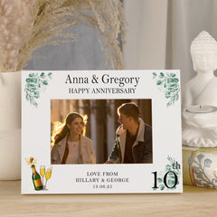 Personalised 10th Anniversary Wooden White Photo Frame Gift With Leaves and Champagne