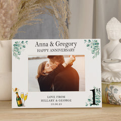 Personalised 1st Anniversary Wooden White Photo Frame Gift With Leaves and Champagne