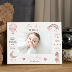 Personalised Baby Girl Photo Frame With Birth Details and Cute Watercolour Design