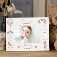 Personalised Baby Girl Photo Frame With Birth Details and Cute Watercolour Design