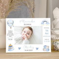Personalised Baby Boy Photo Frame With Birth Details and Cute Watercolour Design