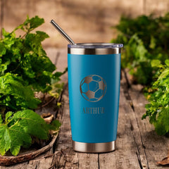 Personalised Engraved Thermal Travel Mug Any Name Football Gift With Metal Straw
