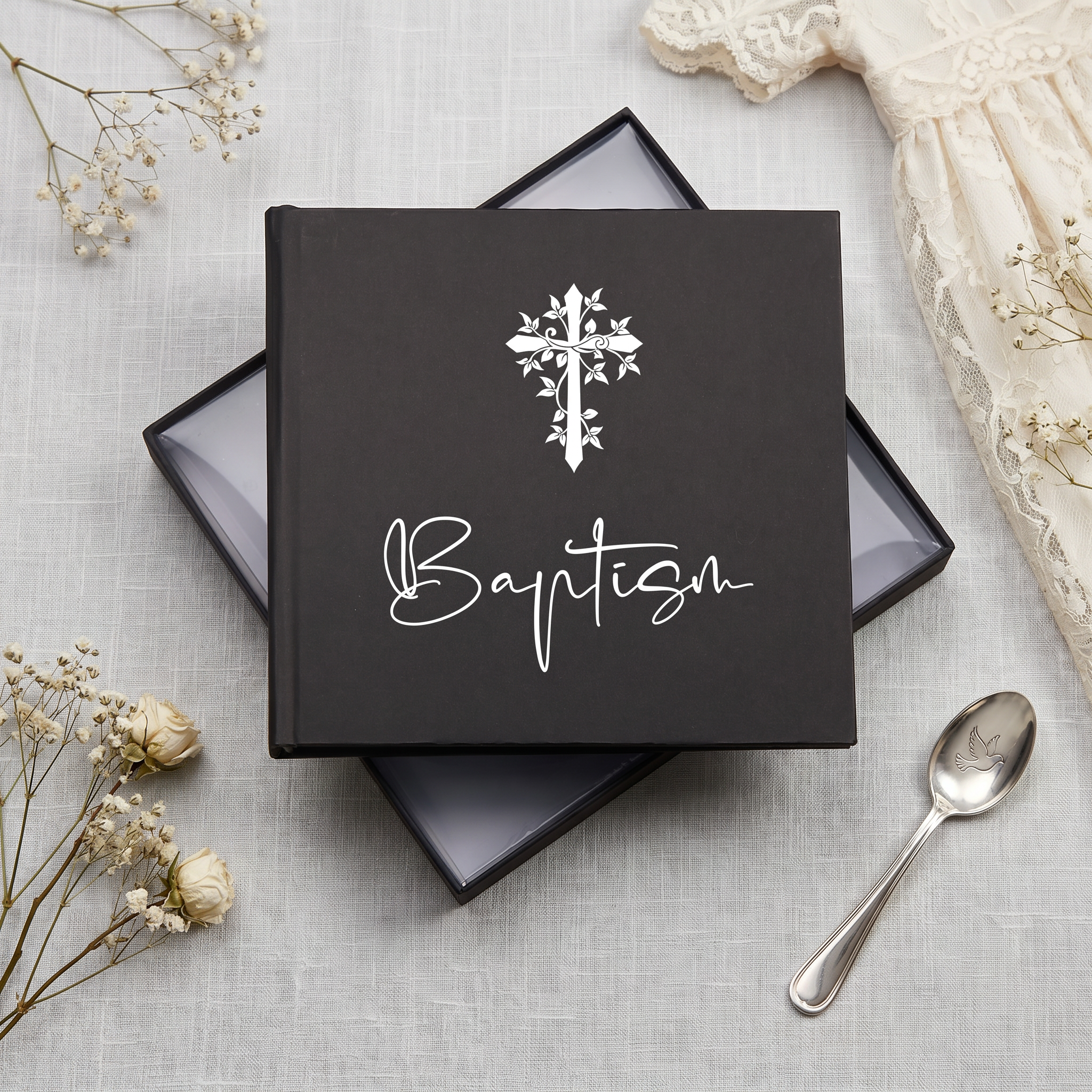 Baptism Photo Album | 50 4x6 Photos | Embossed Cross Keepsake Book In Green, Pink, Black photo album ukgiftstoreonline Black
