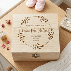 Personalised Welcome To The World Baby Keepsake Box With Wreath Keepsake Box ukgiftstoreonline