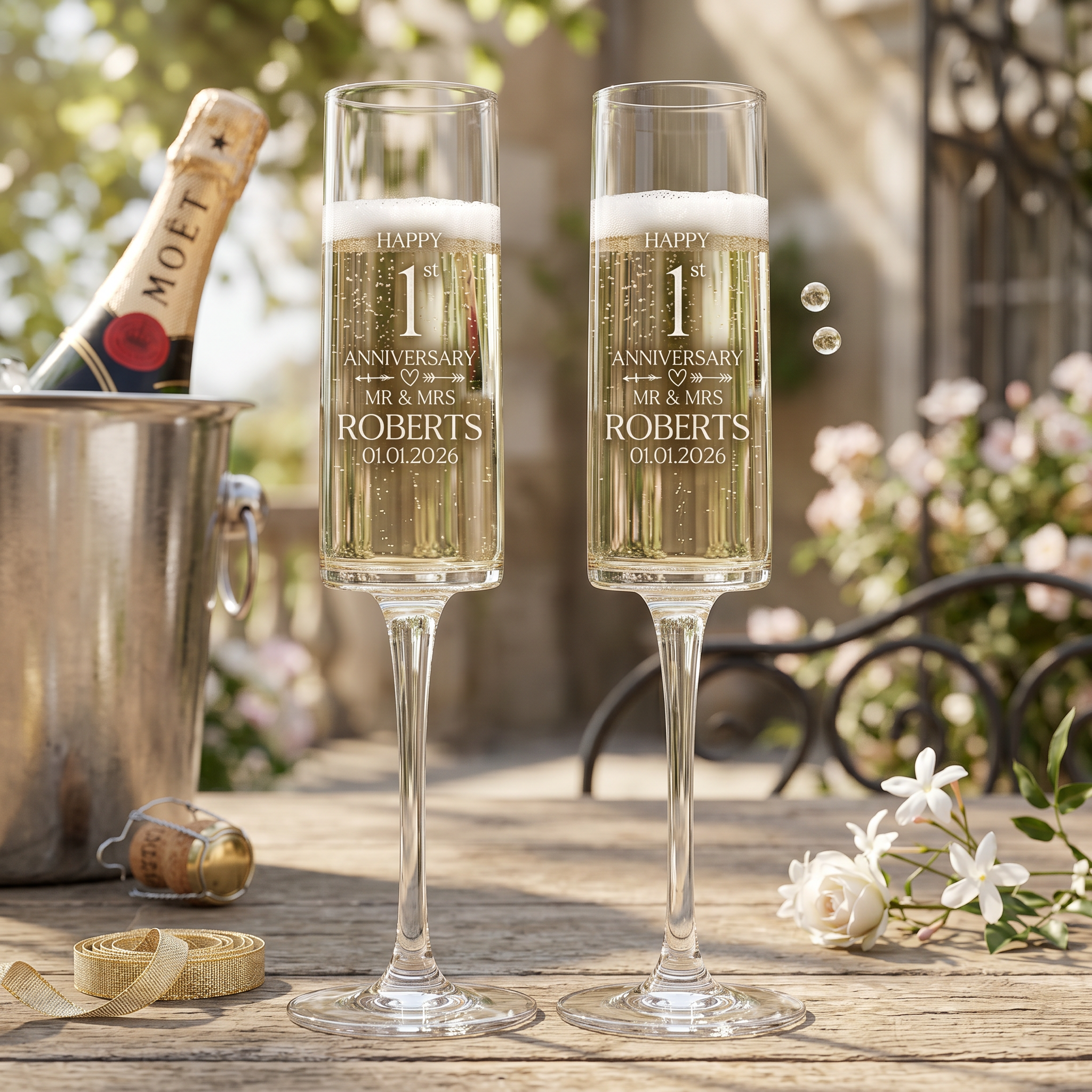 Pair Of Modern and Elegant Personalised 1st anniversary Tall Champagne Prosecco Glasses Gift Champagne Glasses ukgiftstoreonline