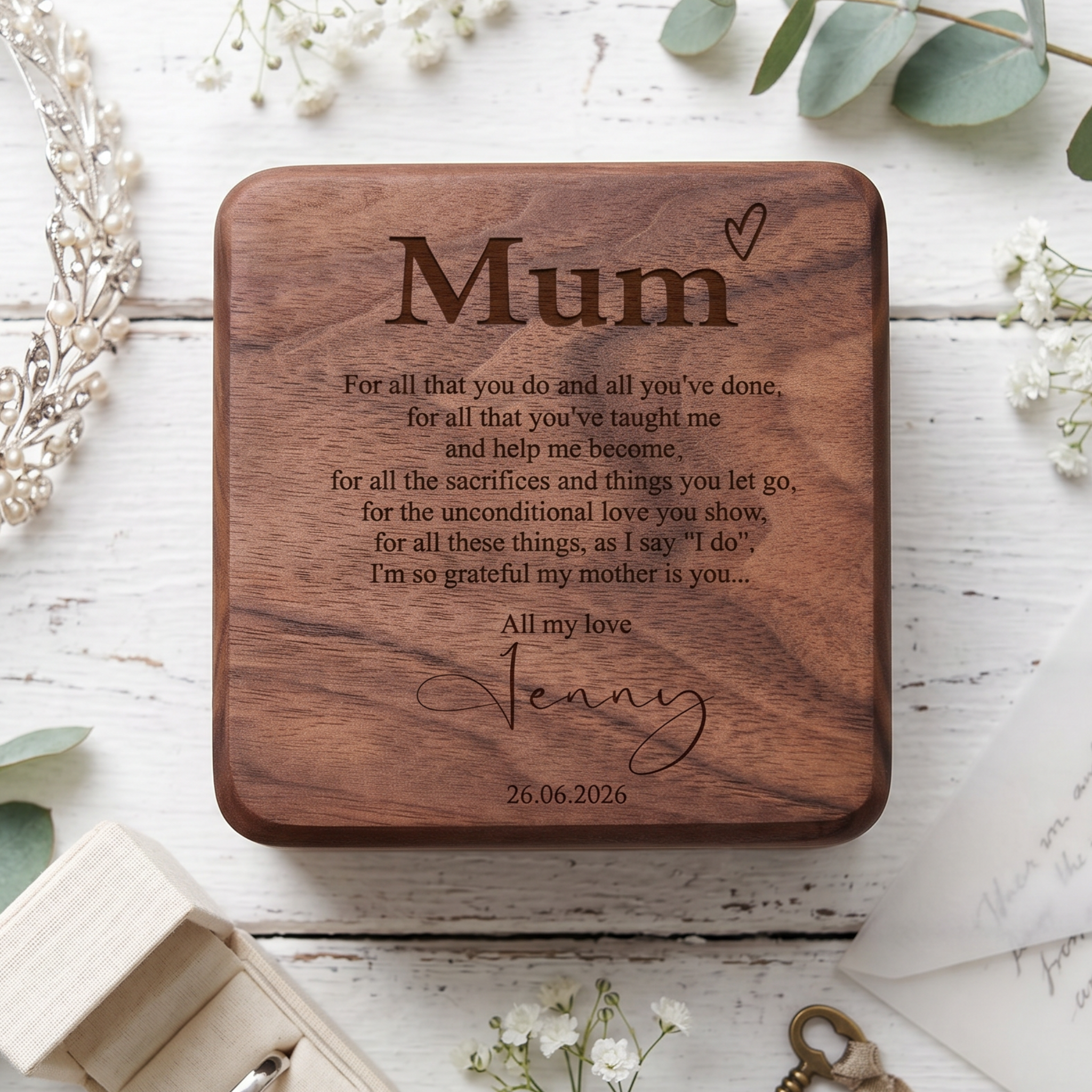 Engraved Walnut Jewellery Box - Personalised Mother Of The Bride Gift With Velvet Lined Case Personalised Jewellery Box ukgiftstoreonline