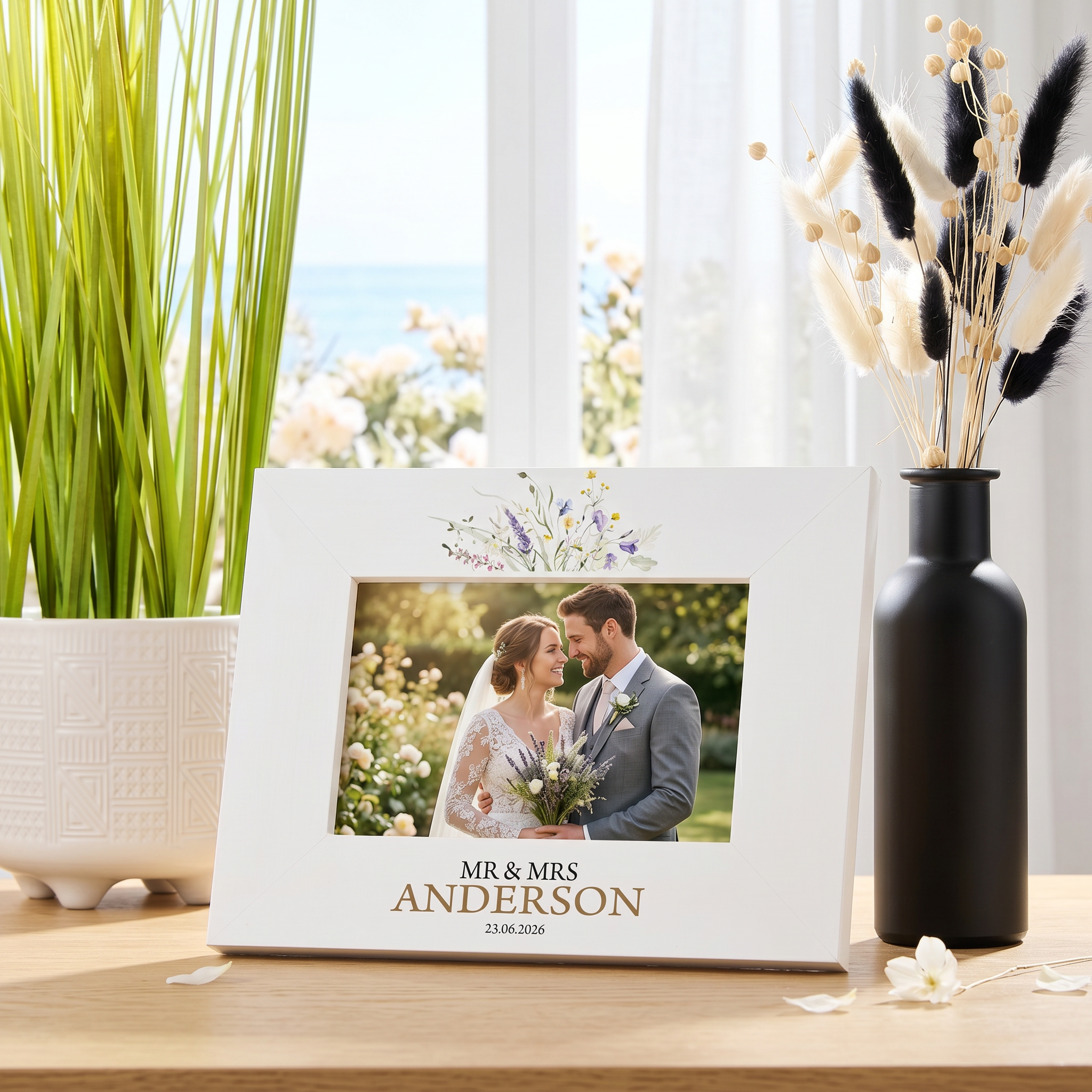 Personalised Wedding Day Photo Frame Gift for Couple With Bright Floral Wildflowers Photo Frame ukgiftstoreonline