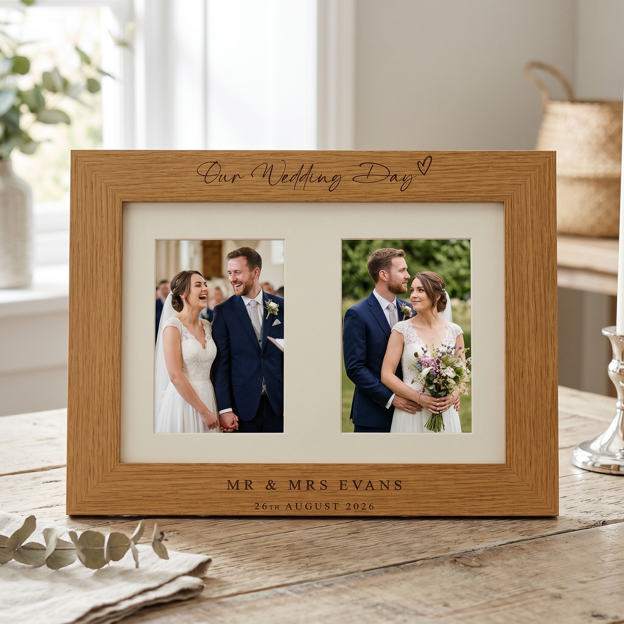 Personalised Wedding Day Engraved Wooden Double Photo Frame Gift For Couple personalised photo frames ukgiftstoreonline Landscape