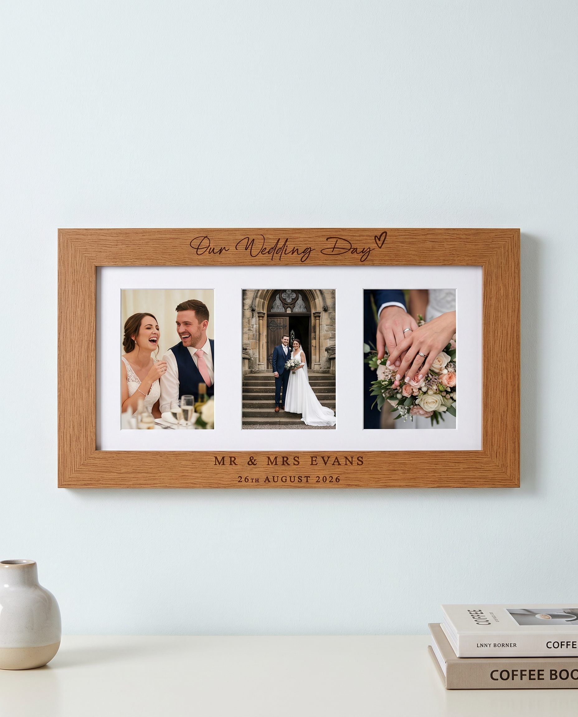 Wedding Gifts For The Couple, Personalised Engraved Triple Wooden Wedding Photo Frame Photo Frame ukgiftstoreonline