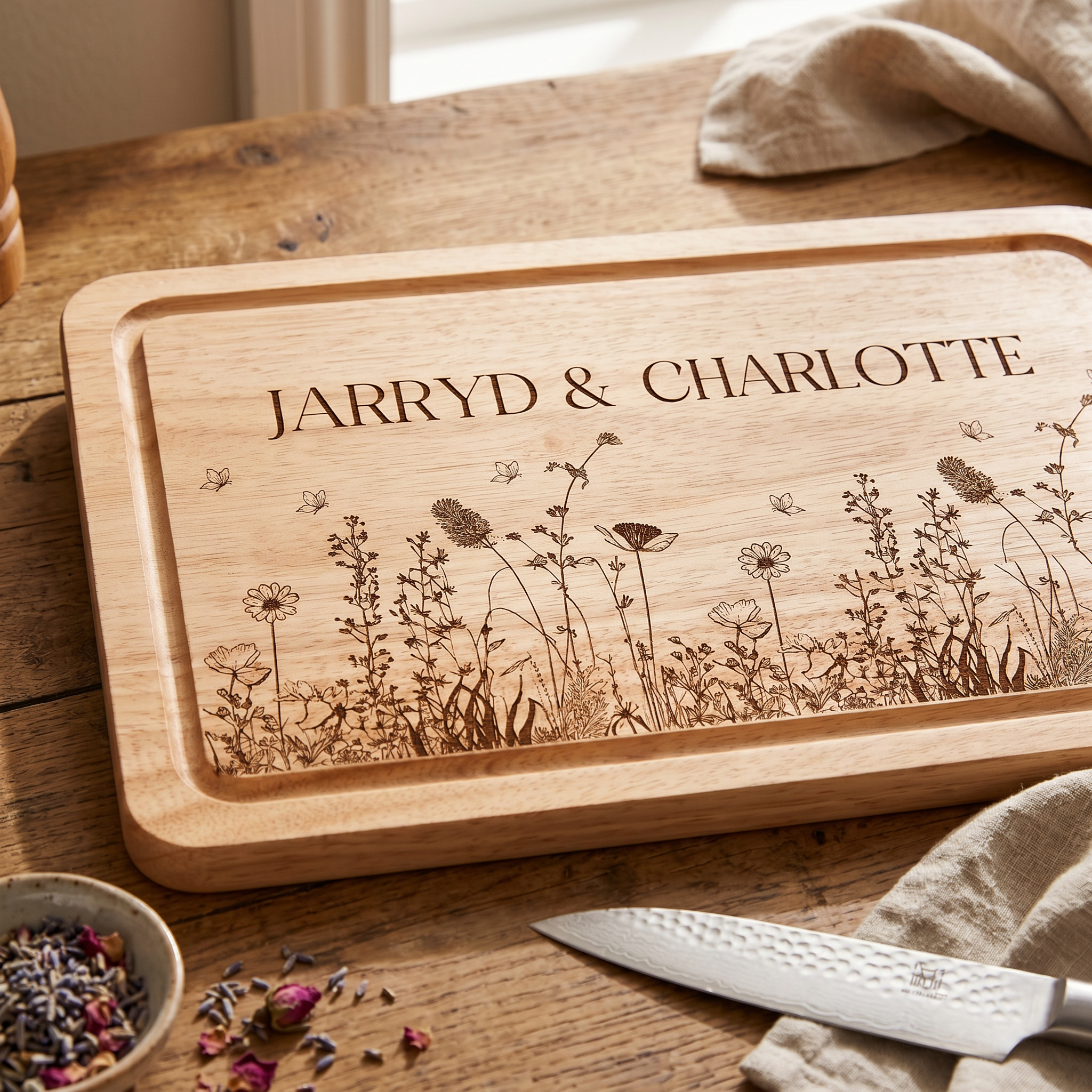 Wildflower Engraved Solid Wooden Chopping Board with Optional Personalisation For Any Occasion chopping Board ukgiftstoreonline
