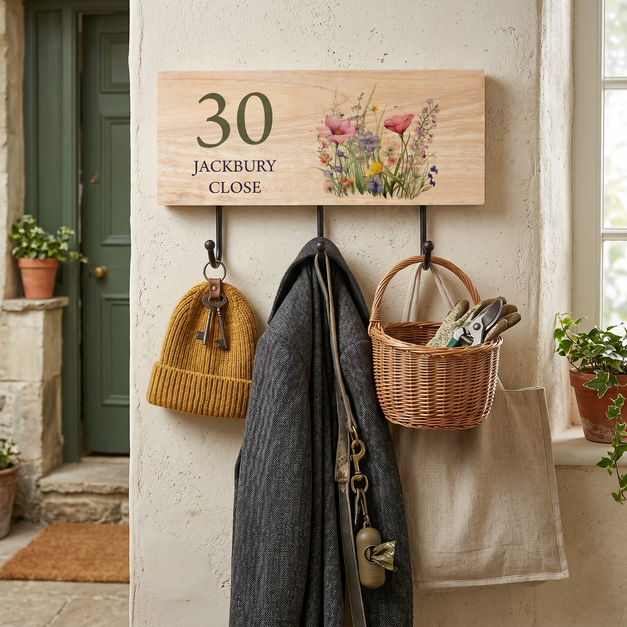 Personalised Solid Wood Key or Coat Hook Wildflowers House Number and Street Name ukgiftstoreonline