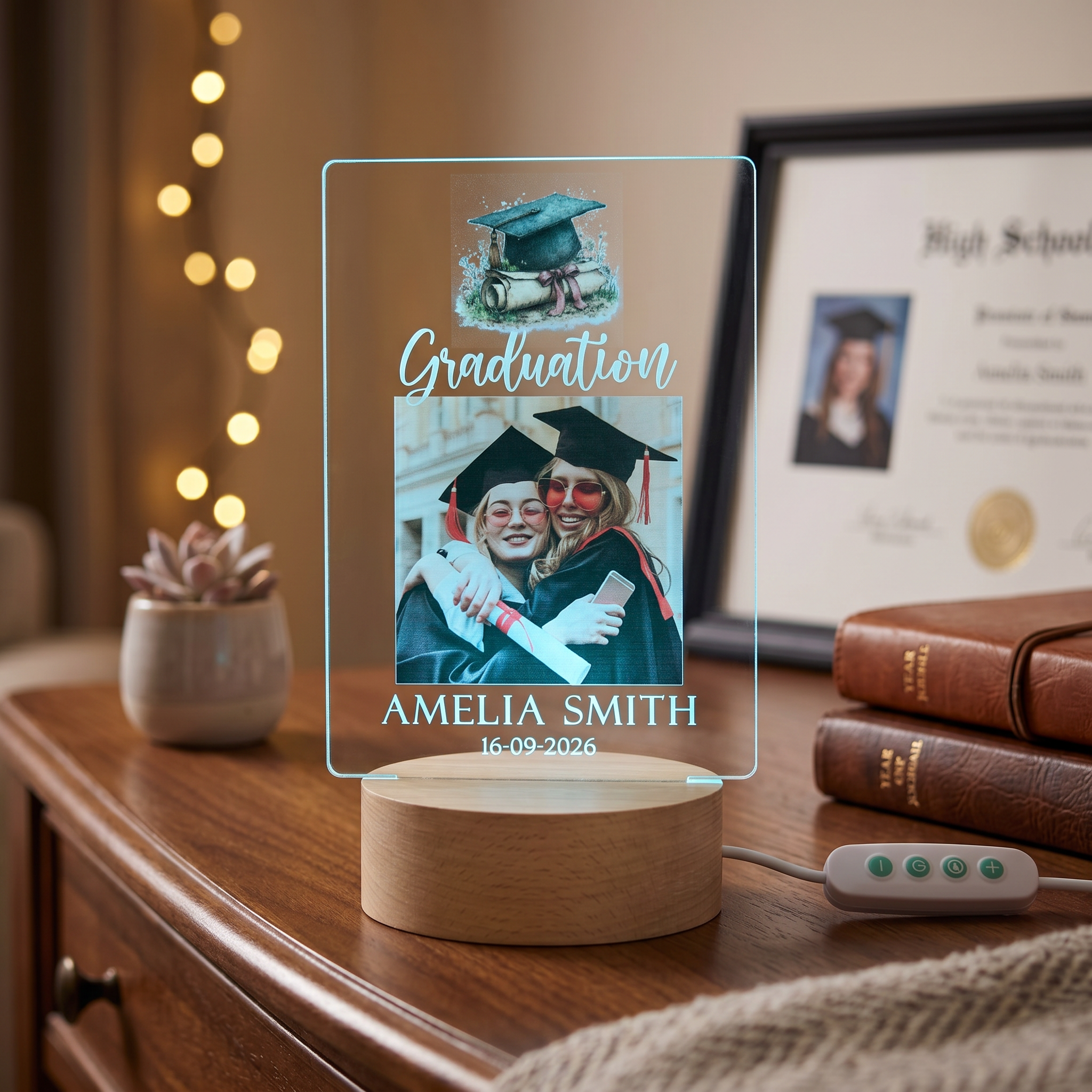 a graduation-themed lighted display with a photo of two women wearing graduation caps and gowns, along with the name "Amelia Smith" and the date "16-09-2026". The display is placed on a wooden table, with a framed certificate and some books visible in the background.