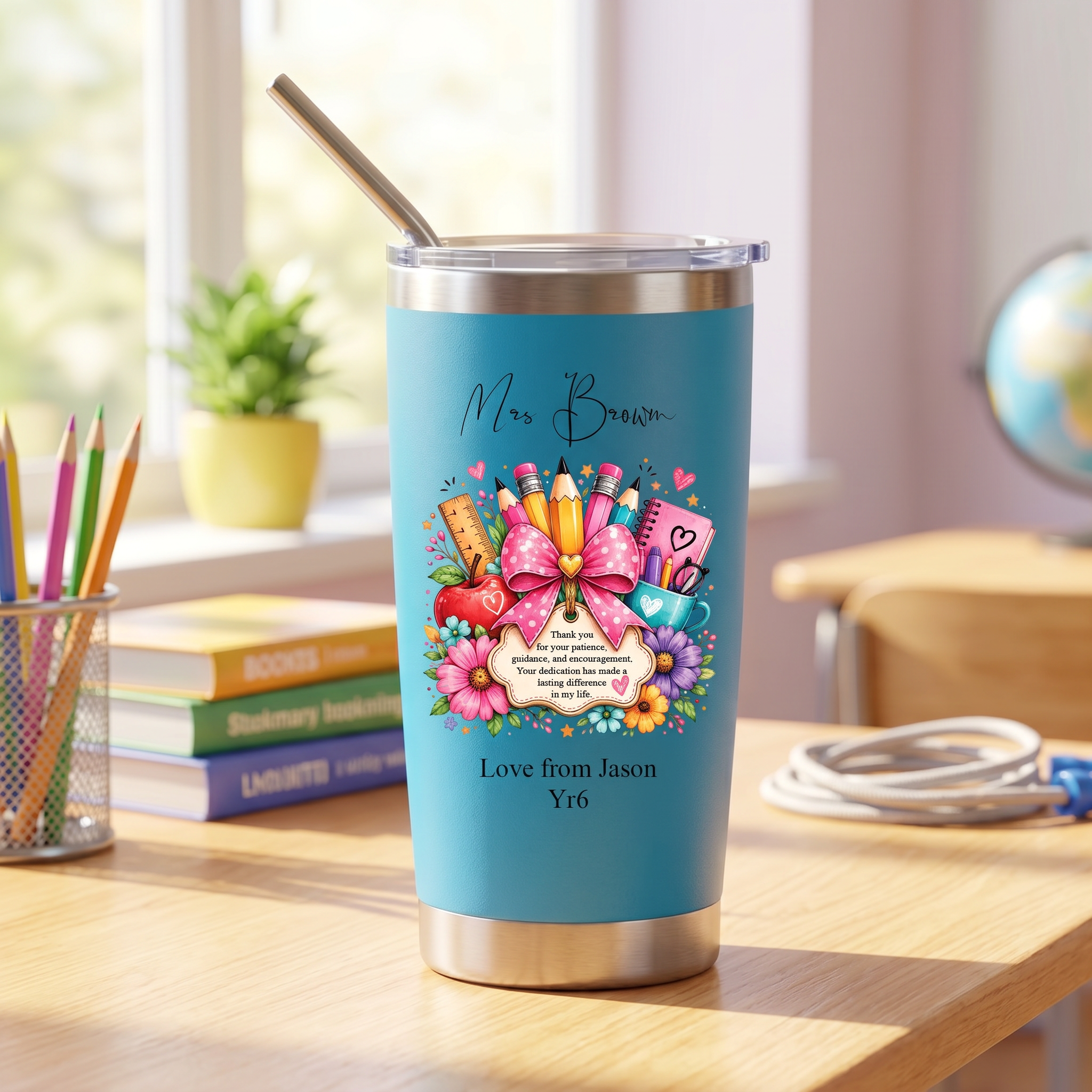 A blue tumbler with a colorful design and a straw, placed on a wooden desk in a room with books and a globe.