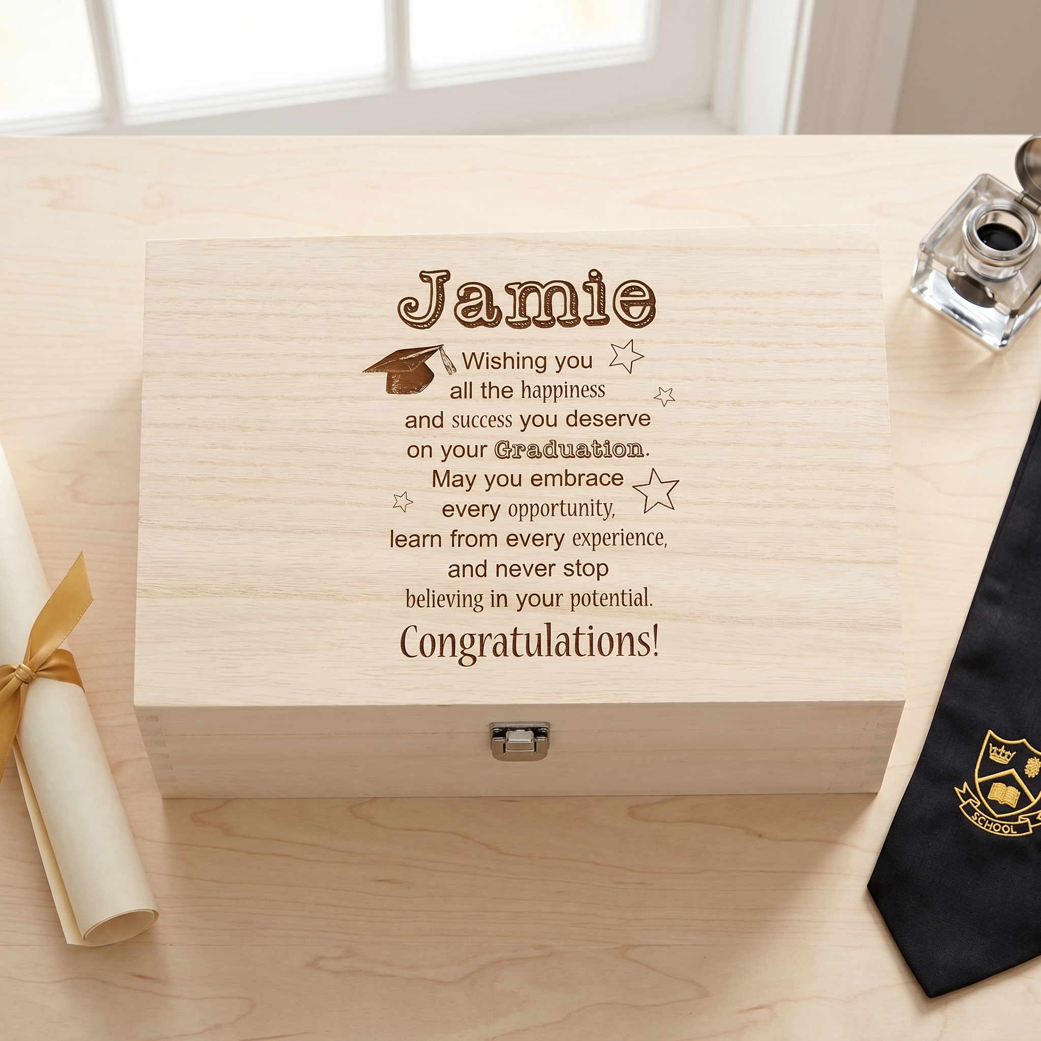 A wooden box with a graduation cap and mortarboard on it, along with a graduation gown and a graduation cap, sits on a wooden surface.